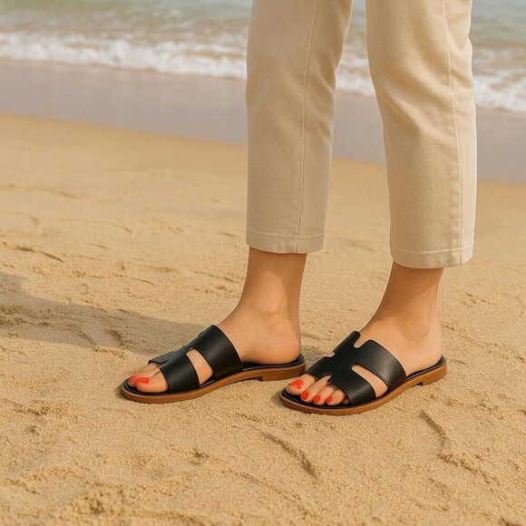 Cutout Strap Slides for Women Faux Leather Summer Flats Water Resistant - Picture 8 of 9